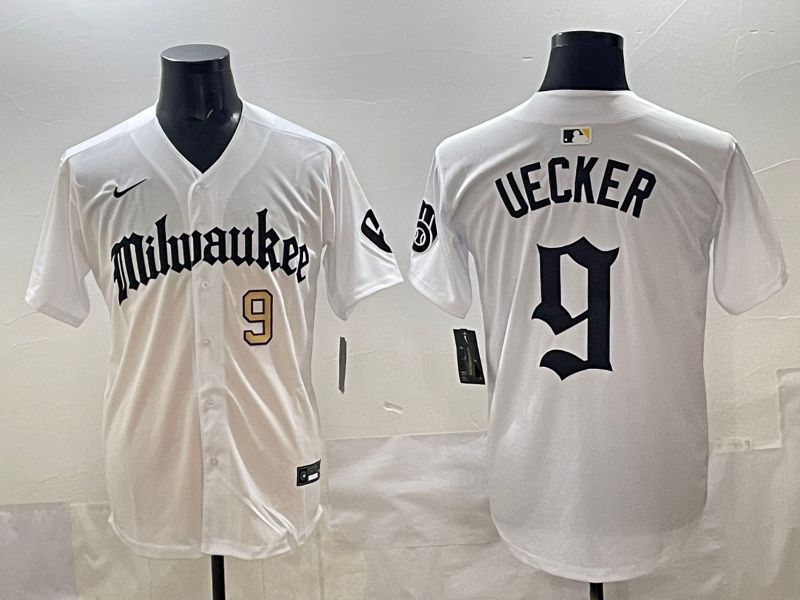 Men 2025 Milwaukee Brewers #9 Uecker White Five generations Joint Name Nike MLB Jersey style 05->milwaukee brewers->MLB Jersey